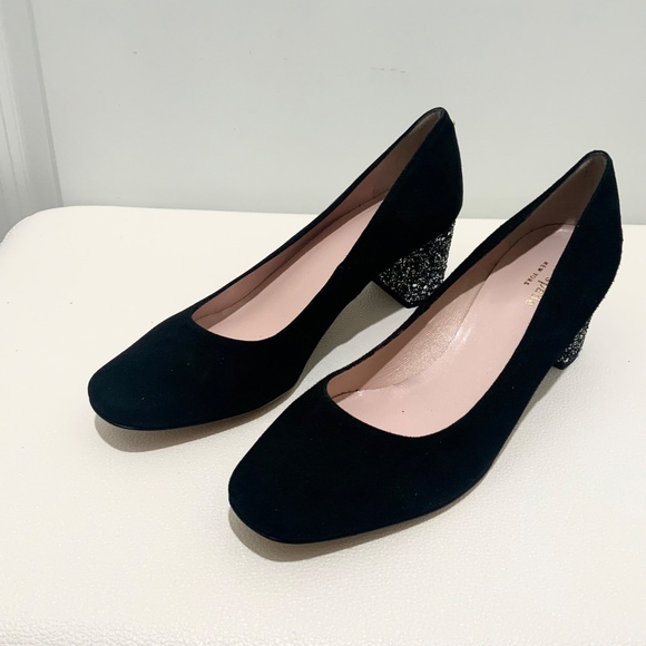 kate spade new york Women KATE SPADE Anastasia Block Heel Pump Black Suede Leather Dress Shoe Glitter Heel